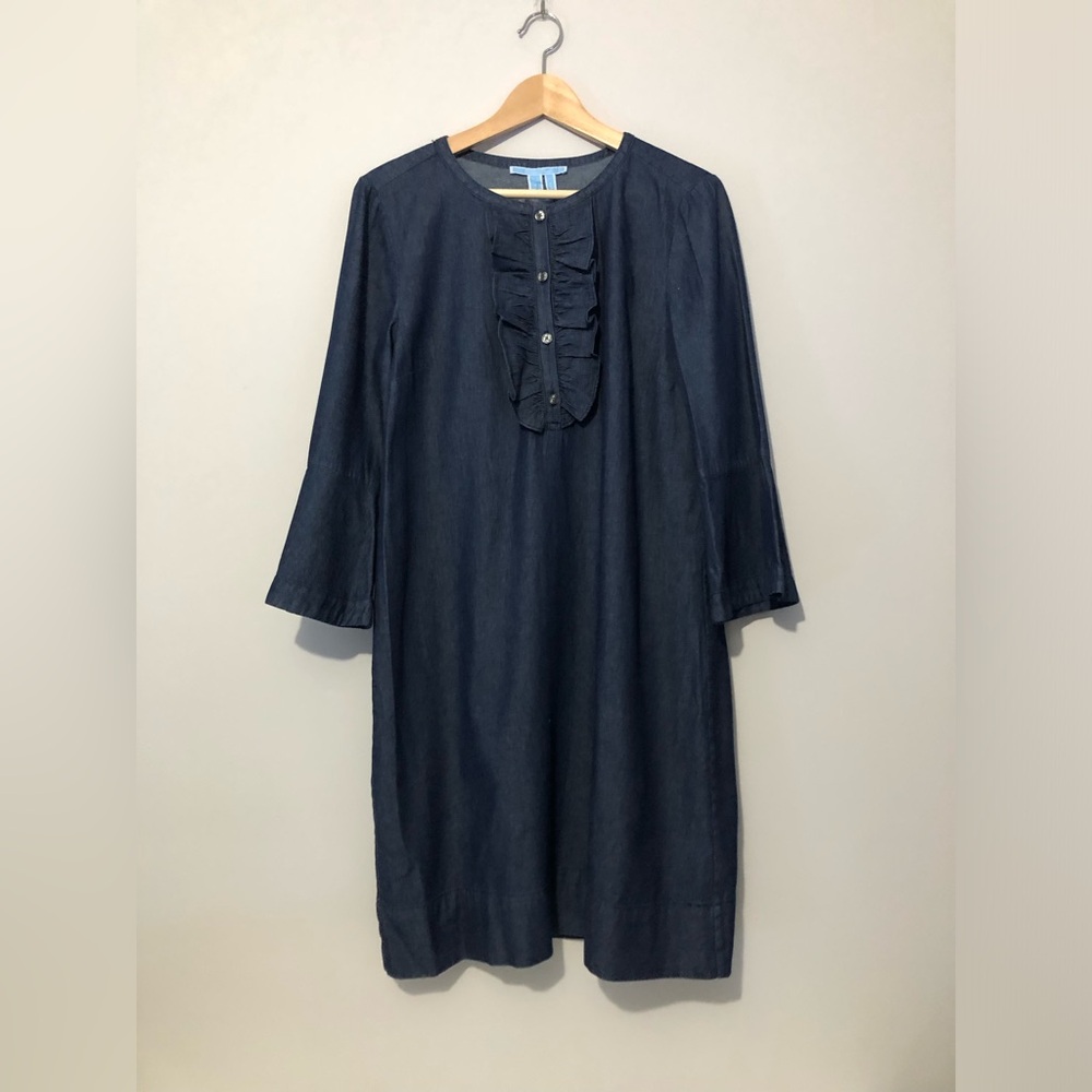 NWT Draper James 100% Cotton Chambray Ruffle Shift Denim Dress Women’s 12